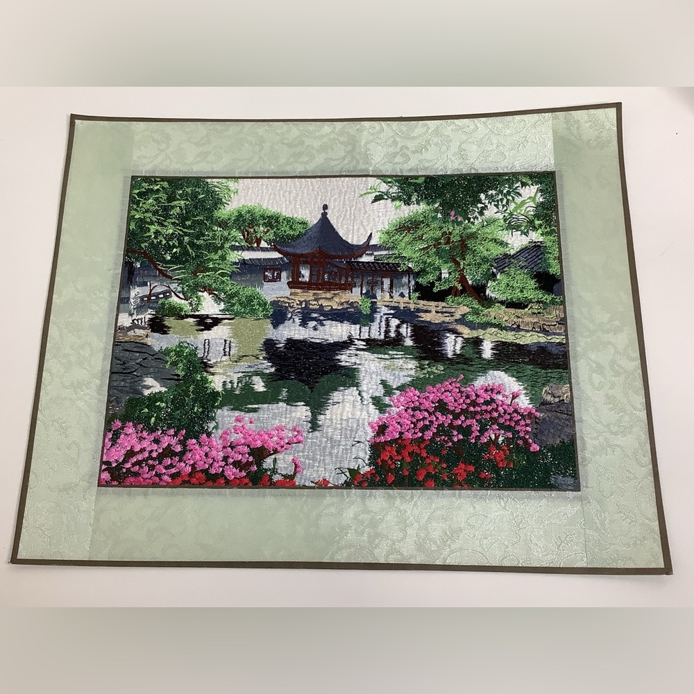 Vintage Oriental Asian Art Silk Thread Embroidery Needlework River Temple Rare